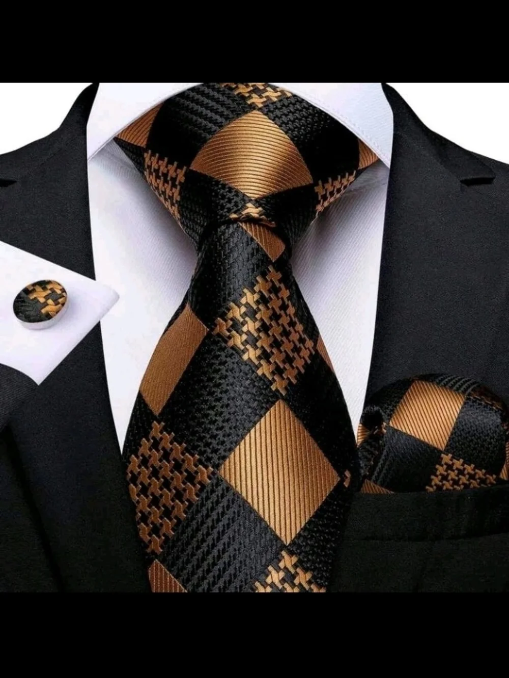Men's Black and Gold Argyle Pattern Tie - Classic Formal Accessory